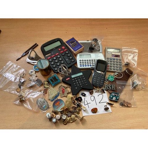 492 - Cufflinks, badges, brooches, pins, calculators etc