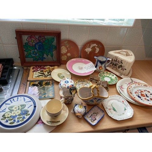 508 - Painted tiles, cheese dish, pottery, stained glass etc