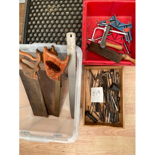 519 - Saws, hack saws, mitre blocks and various tools