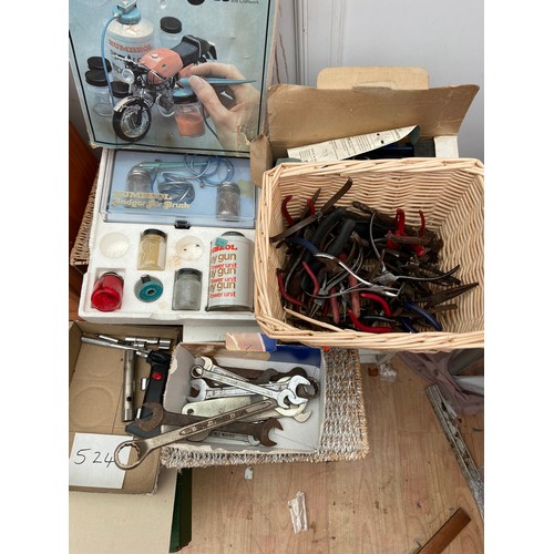 524 - Air brush set, foot pump, glue gun, plyers and other sundries, spanners