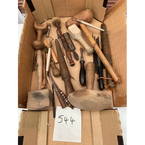 544 - Wooden tools, treen items, modelling tools, leather items including pocket cork screws etc