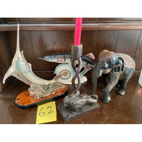 62 - Fish clock, ornamental, wood elephant and lion candlestick 11Inches height