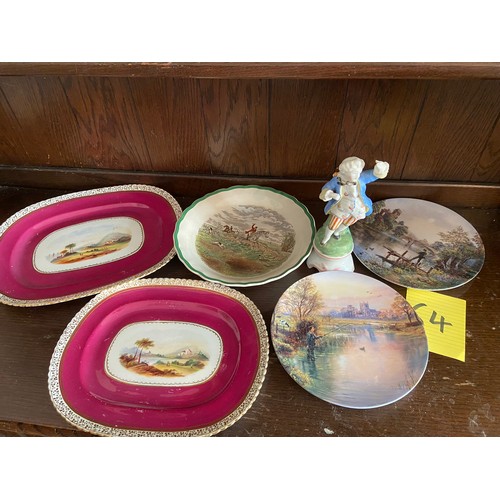 64 - 2 Hand painted dishes, other plates and a figure