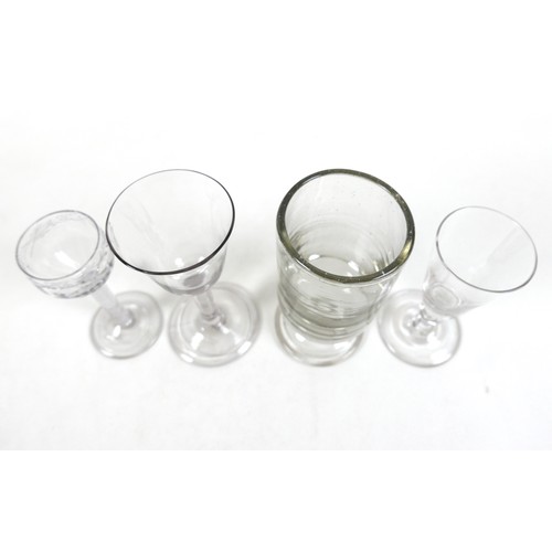 97 - Four 18th century drinking glasses including an air twist cordial glass, largest 7.5cm diameter 16cm... 