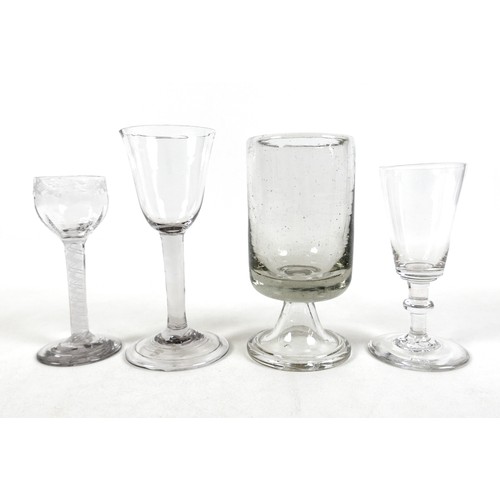 97 - Four 18th century drinking glasses including an air twist cordial glass, largest 7.5cm diameter 16cm... 