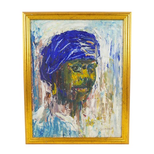 468 - Lawrence James Isherwood (British 1917-1988): 'The Blue Turban', oil on board, framed.