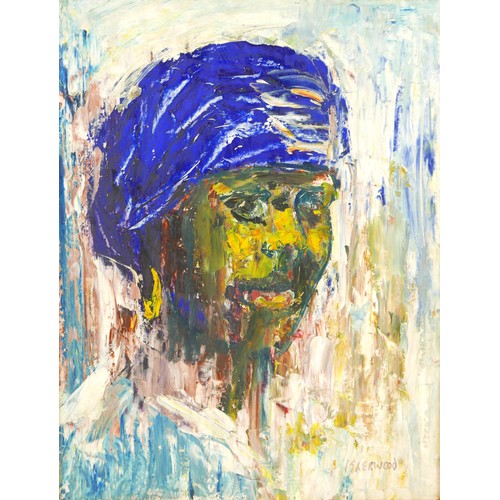 468 - Lawrence James Isherwood (British 1917-1988): 'The Blue Turban', oil on board, framed.