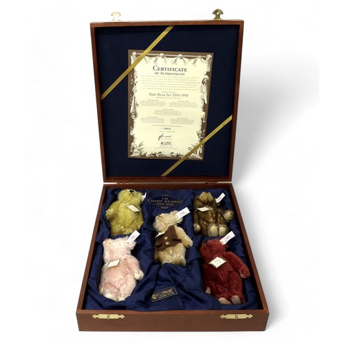 197 - Steiff British Collectors Baby Bears 1994 - 1998 in presentation wooden box. Five 16cm bears with ce... 