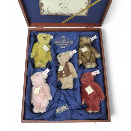 197 - Steiff British Collectors Baby Bears 1994 - 1998 in presentation wooden box. Five 16cm bears with ce... 