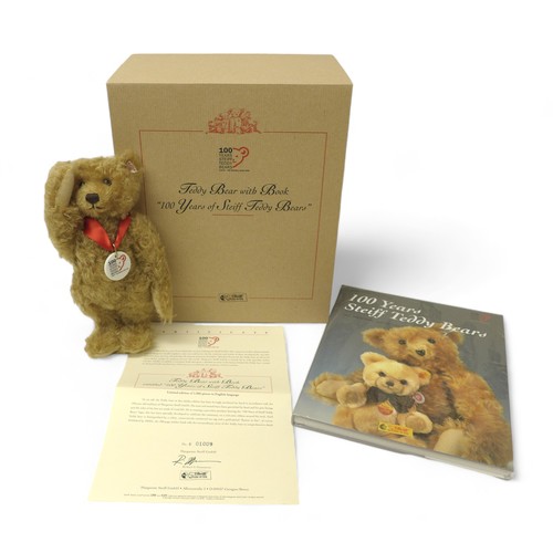 191 - Steiff Teddy Bear with Book 100 years of Steiff teddy Bears, jubilee mohair teddy bear, standing 25c... 