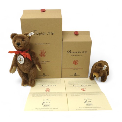 192 - Two Steiff Club exclusive teddy bears, Teddy Bear 1950, a brown mohair, standing 35cm tall, posable ... 