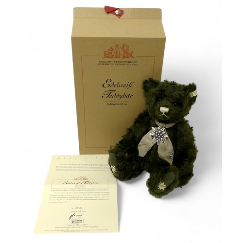 194 - Steiff Teddy Bear Edelweiss Teddy Bear, green mohair, posable five jointed bear standing 38cm tall, ... 