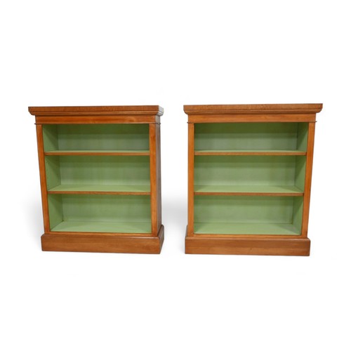 643 - A pair new of burr oak open bookcases with painted interior and two adjustable shelves, 80cm by 30cm... 