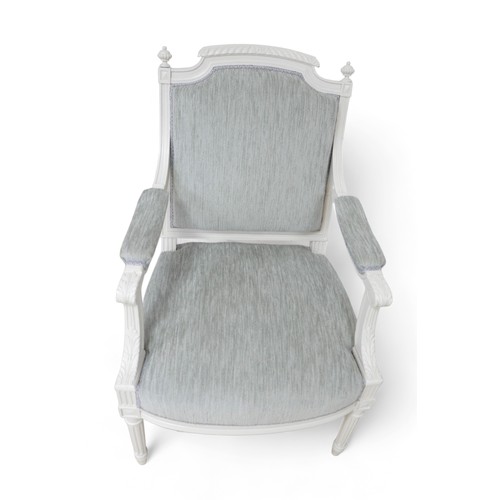 642 - A pair of French 19th century white painted open armchairs, fauteuilles, recently recovered in grey ... 