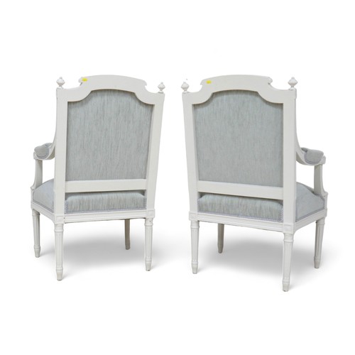 642 - A pair of French 19th century white painted open armchairs, fauteuilles, recently recovered in grey ... 