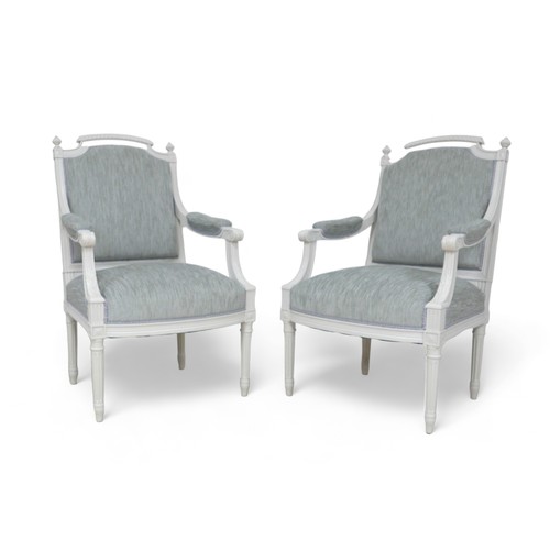 642 - A pair of French 19th century white painted open armchairs, fauteuilles, recently recovered in grey ... 