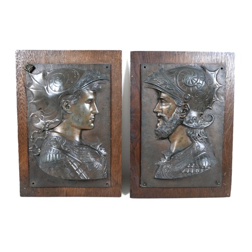 139 - A pair of bronzed classical Greek plaques on oak boards 25cm by 35cm.