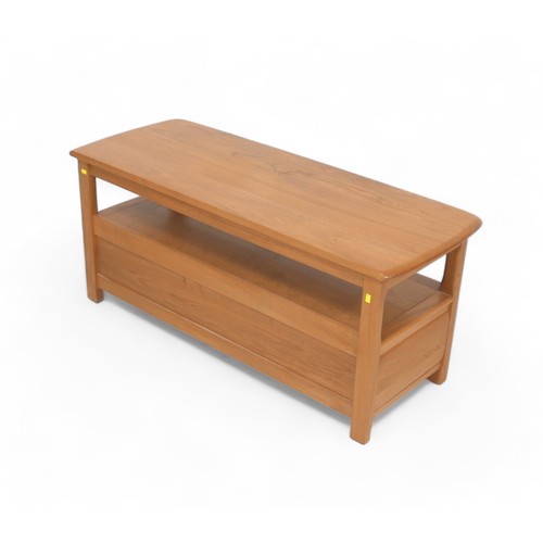 613 - An Ercol blonde elm TV stand with two drawers, 112 by 44.5 by 48cm tall.