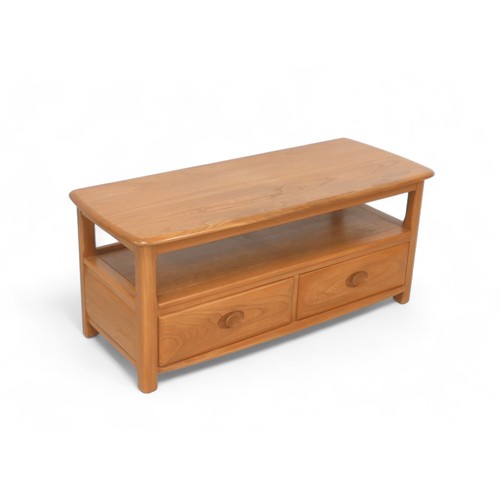 613 - An Ercol blonde elm TV stand with two drawers, 112 by 44.5 by 48cm tall.