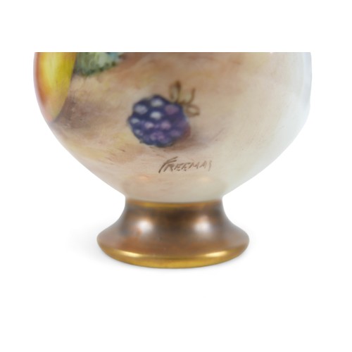 92 - A Royal Worcester bone china single stem vase with fruit decoration by Freeman, 9cm by 20cm tall.