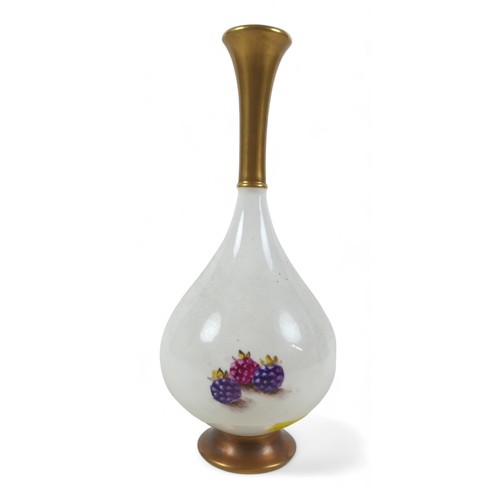 92 - A Royal Worcester bone china single stem vase with fruit decoration by Freeman, 9cm by 20cm tall.