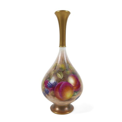 92 - A Royal Worcester bone china single stem vase with fruit decoration by Freeman, 9cm by 20cm tall.