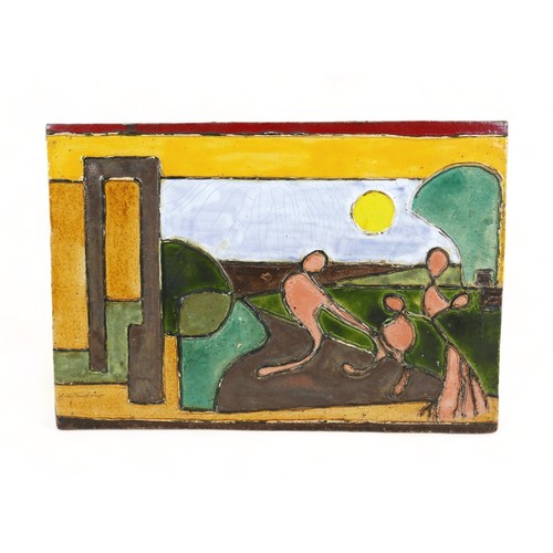 107 - A mid century ceramic plaque/tile, with hand painted abstract decoration of three figures in a lands... 