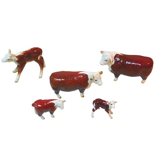 85 - Five Beswick Hereford cattle figurines, comprising 'Champion of champions' Bull, 11.5cm high, a Mare... 