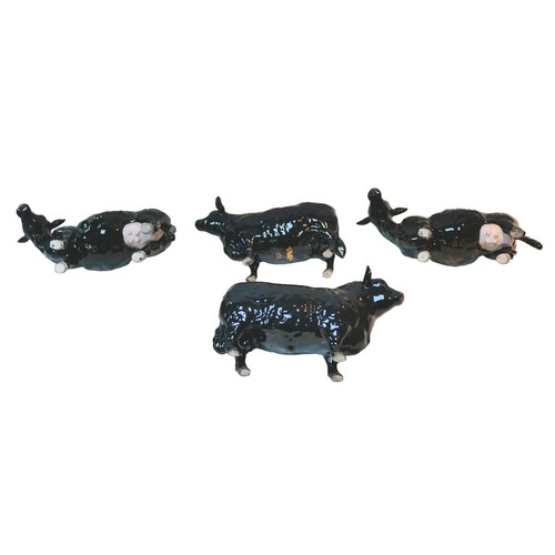 94 - Four Beswick Aberdeen Angus cattle figurines, comprising a bull, 11cm high, and three cows, largest ... 