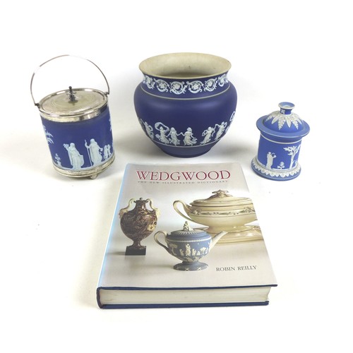 105 - A Wedgwood jasper ware biscuit barrel, An Adams jasper ware jardiniere and a jasper ware lidded pot,... 