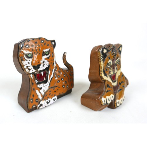 112 - Two Leyland enamelled badges, Tiger cub and Leopard, Bothe have been mounted on wooden mounts, 11cm ... 