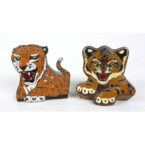 112 - Two Leyland enamelled badges, Tiger cub and Leopard, Bothe have been mounted on wooden mounts, 11cm ... 