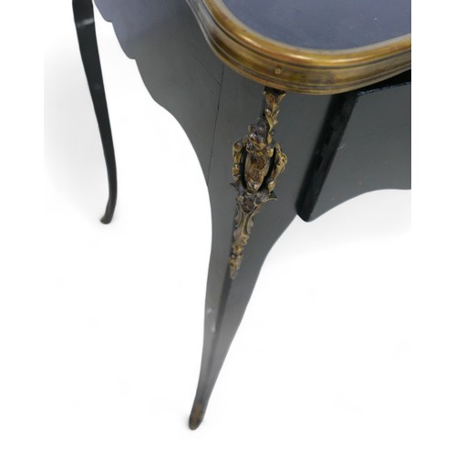 656 - A pair of French, early 20th century ebonised side tables, the square surfaces with serpentine brass... 