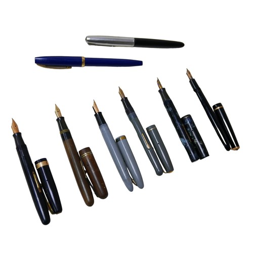 153 - Eight fountain pens, six with 14ct gold nibs, including Waterman, Parker, Swan, Sheaffer. (1 bag)