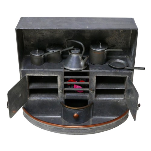 186 - A 1950s scratch built metal toy cooking range, 23 by 13 by 20cm high, with some hand made tin cookin... 