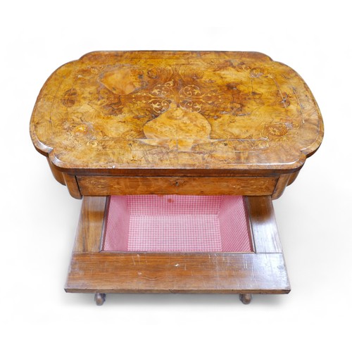 626 - A Victorian burr walnut work box, 61cm by 40cm by 66cm tall.