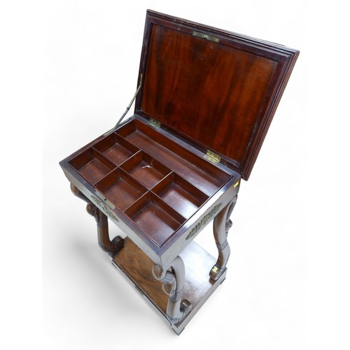 596 - A 19th century walnut work box on swan head supports, 49cm by 36cm by 77cm tall.