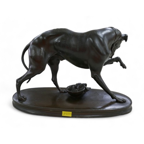 129 - A 19th century spelter sculpture, of a greyhound licking its injured paw, signed 'A. Vogt' to oval b... 