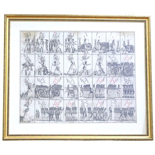 142 - A rare set of Napoleonic uncut playing cards, hand coloured etching, mounted, glazed and framed, pub... 