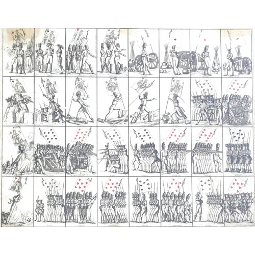 142 - A rare set of Napoleonic uncut playing cards, hand coloured etching, mounted, glazed and framed, pub... 