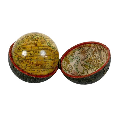 A George III pocket globe and shagreen case, 2 ¾" diameter, likely George Adams after Herman Moll, titled 'A Correct Globe with the new Discoveries', the case internally with celestial map titled 'A Correct Globe with ye New Constelations of Dr Halley & c.', globe 7cm diameter, case 7.5cm diameter.