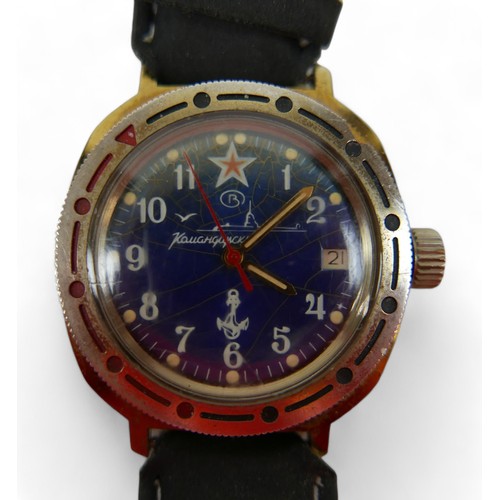 132 - A Russian submariners wristwatch, seagull / red star logos, with blue dia, anchor and rope logo, plu... 