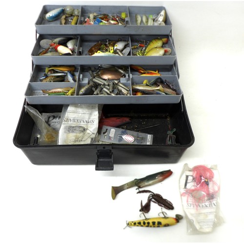 172 - A collection of spoon and bait fishing lures and floats, approximately 80 in total, contained in two... 