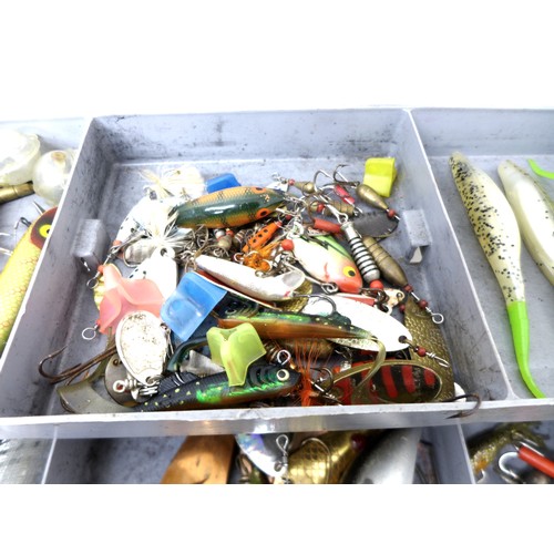 172 - A collection of spoon and bait fishing lures and floats, approximately 80 in total, contained in two... 