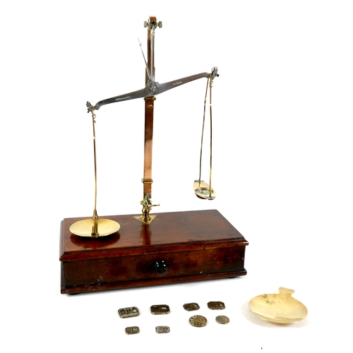 122A - A set of Victorian W&T Avery weighing scales, brass with mahogany base and single drawer, eight smal... 