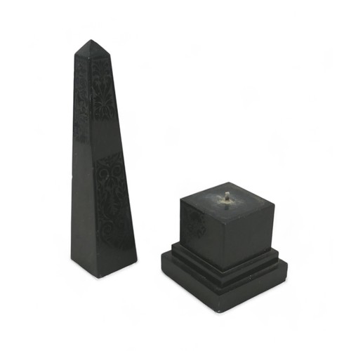 132A - A 19th century slate obelisk, in Grand Tour style, with polished surfaces engraved with foliate and ... 