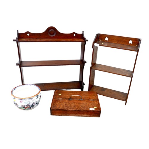 136 - A group of five collectable items, including an oak cutlery tray, two oak sets of hanging shelves, a... 