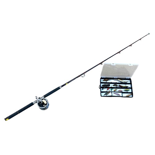 177 - A Daiwa Cruiser deluxe Mill 30lb sea rod with fifteen assorted lures.