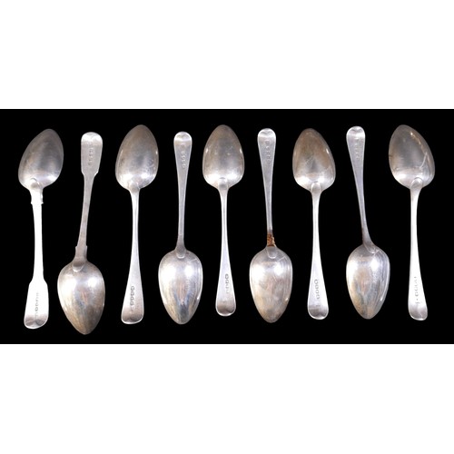 61 - A collection of silver spoons, comprising five Georgian spoons marked RG/GS for Richard Crossley and... 