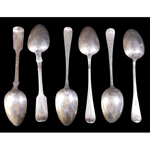 62 - Six large silver serving spoons comprising two George III marked TW JH, London 1798, one JD London 1... 